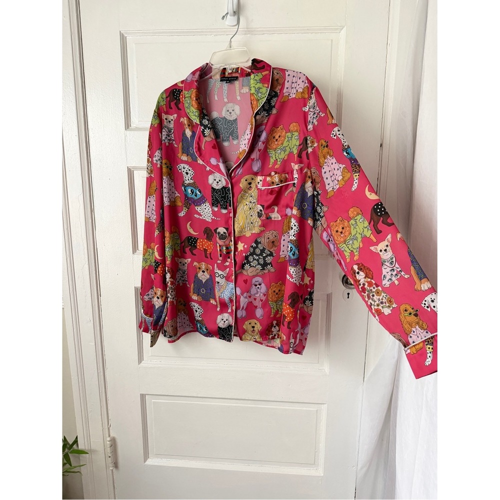 Karen Mabon Pink Dog Print Satin Long Sleeve Pajama Top Button Front XL - Picture 6 of 16